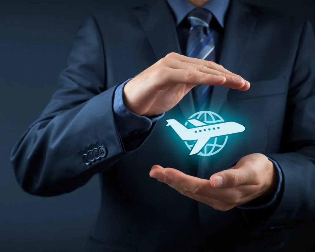 Businessman holding a holographic image of a private jet between his hands
